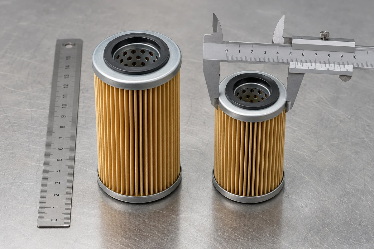 Illustrative comparison of replacement filter dimensions before installation