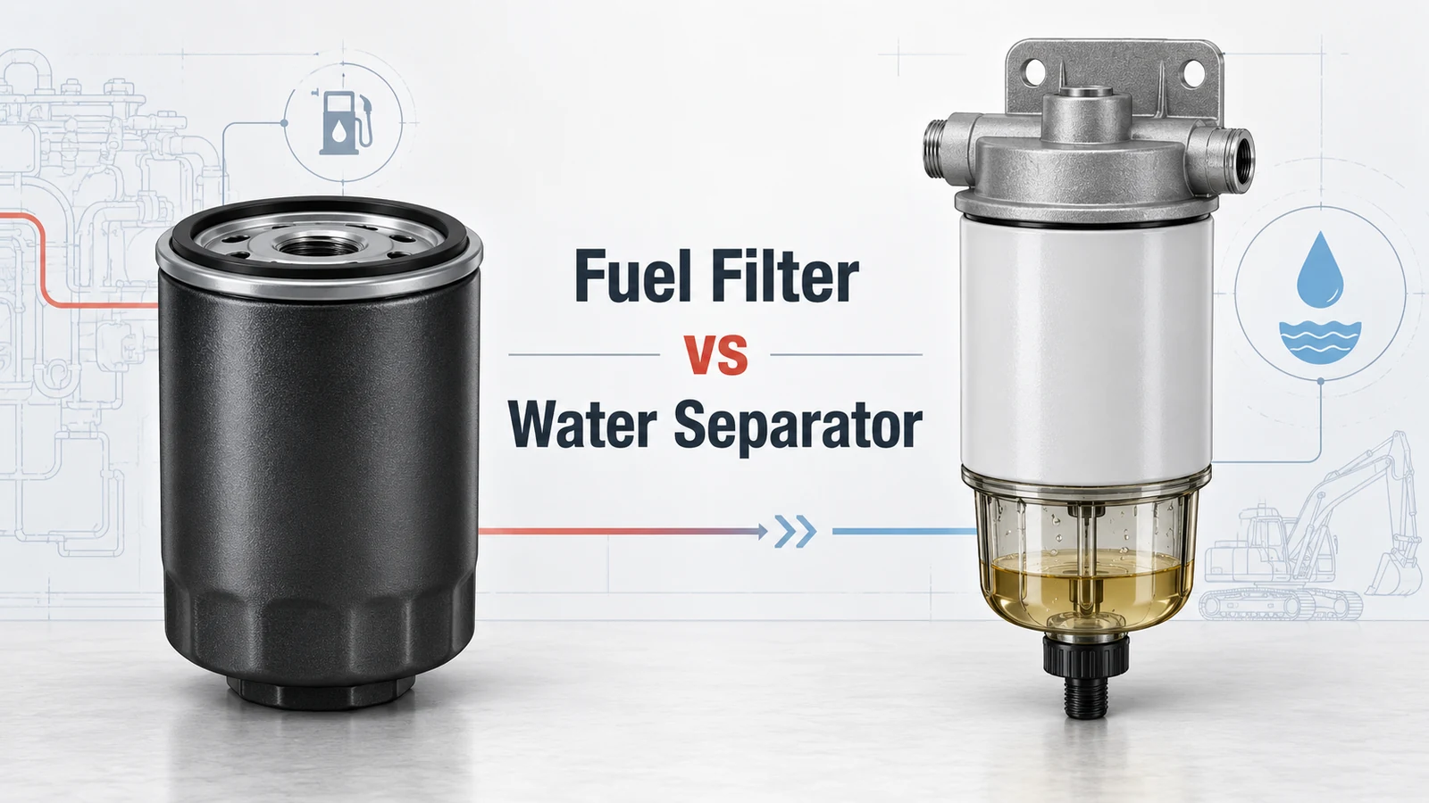 Concept illustration comparing a diesel fuel filter with a fuel water separator