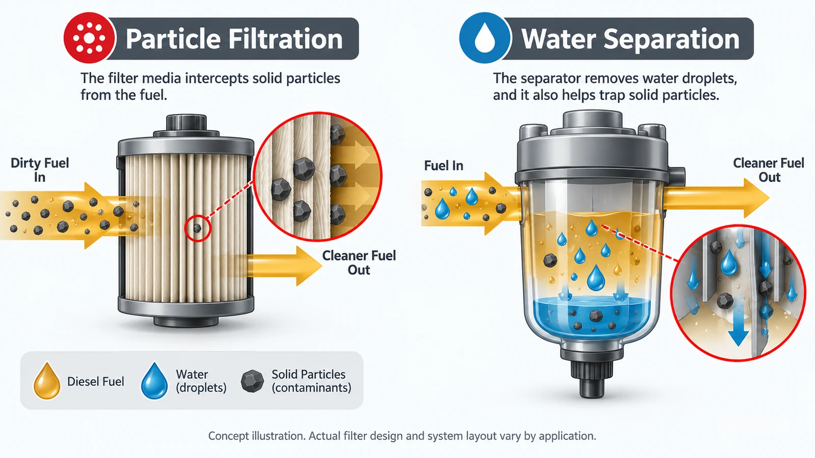 Concept illustration of particle filtration and water separation in diesel fuel filtration