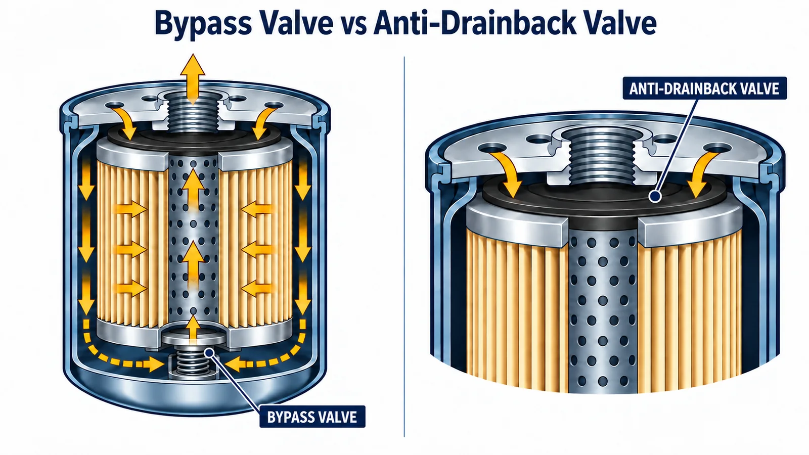Illustration comparing oil filter bypass valve and anti-drainback valve functions