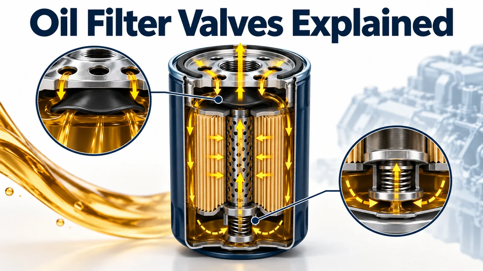 Concept illustration of oil filter bypass and anti-drainback valve functions